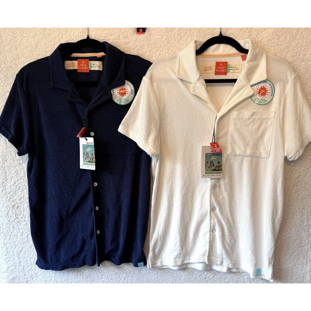 FREE PLANET Size XS LOT OF TWO Shirts Navy & White Terry Cloth Button Front Top‎